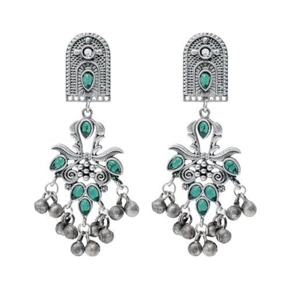 6459 Oxidized Indian Earrings Green Crystal Ghungroo Charms Dangle Earring